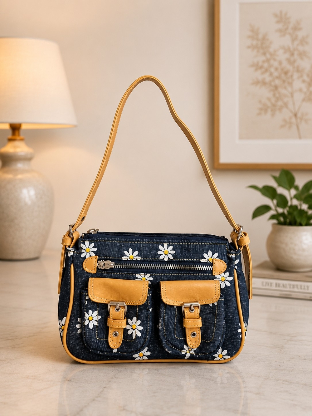 Women’s Navy Daisy Print Shoulder Bag with Tan Trim